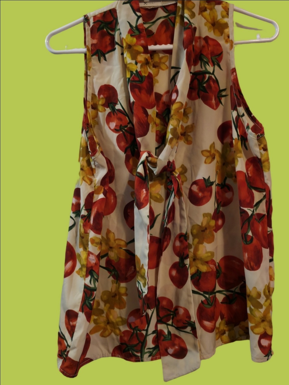 4/$67 Deal! Everly Cream Tie-Neck Blouse with Red and Yellow Print
